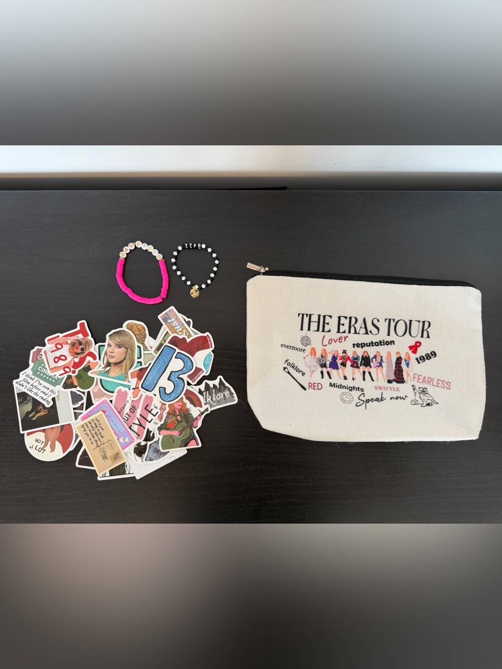 Taylor Swift Cosmetic Bag, Stickers, and Bracelets- Kids Accessories
